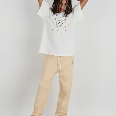 Oatmeal Straight Leg Drawstring Joggers With Thigh Embroidery In Beige