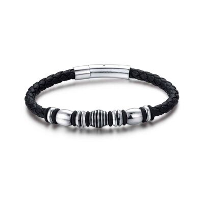 Pulsera de cuero negro con elementos de acero.