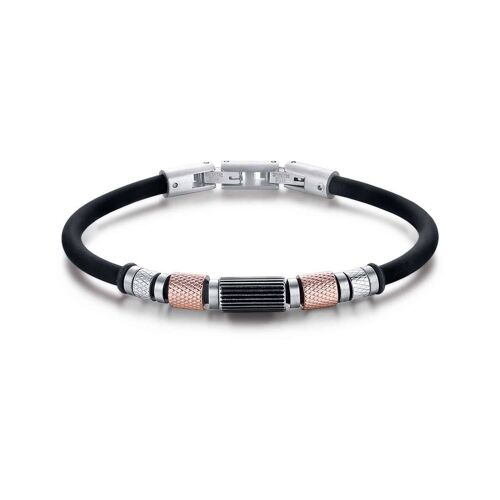 Bracciale in silicone nero con elementi in acciaio e ip rose