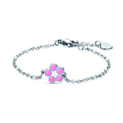 Pulsera junior de acero con flor y esmalte rosa