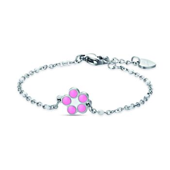 Bracelet junior en acier avec fleur et émail rose