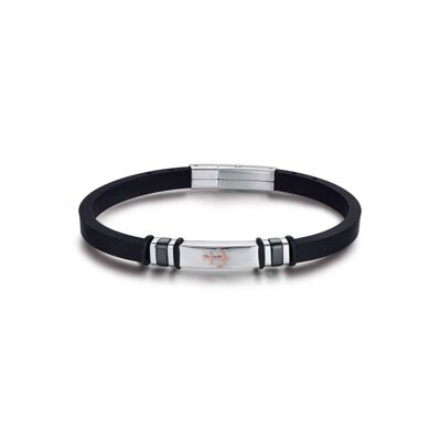 Bracelet en silicone noir, plaque en acier, ancre rose IP