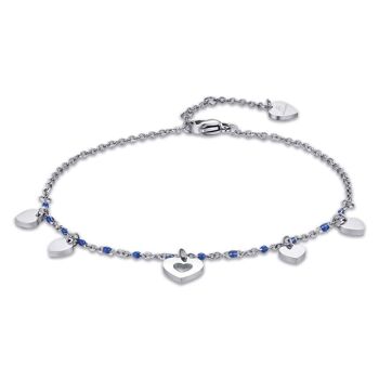 Bracelet de cheville en acier avec coeurs et pierres bleues