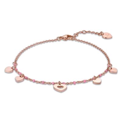 Bracelet de cheville en acier ip rose avec coeurs et pierres roses