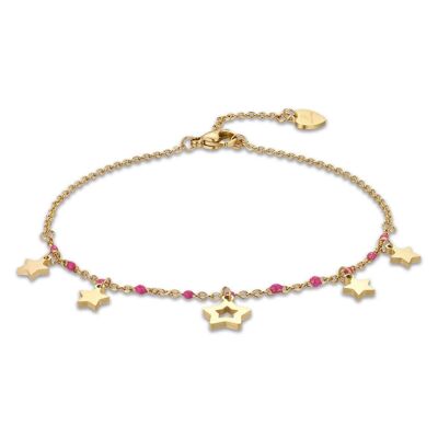 Tobillera en acero ip gold con estrellas y piedras fucsias