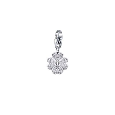 Four-leaf clover charm in steel with white crystals