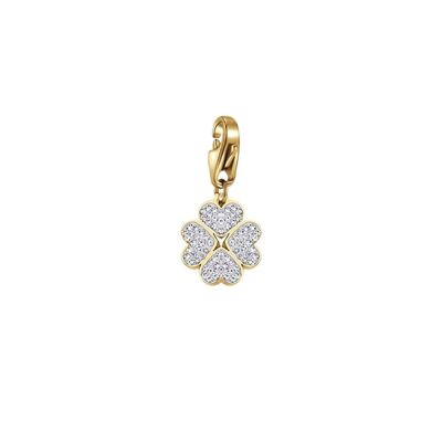 Four-leaf clover charm in ip gold steel with white crystals