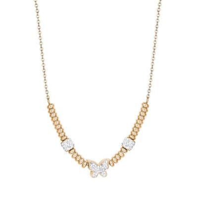 IP gold steel necklace with butterfly with white crystals
