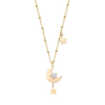 Halskette aus Edelstahl in IP-Gold mit Mond, Sternen und weißem Kristall