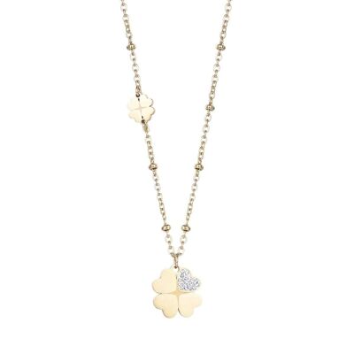 IP gold steel necklace with white crystal clovers