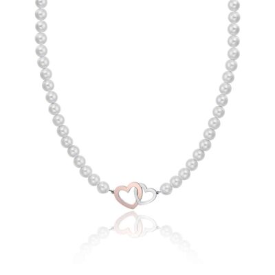 Steel necklace with white pearls and hearts in steel and ip rose