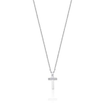 Steel necklace with cross with white crystals