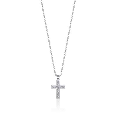 Collier en acier avec croix et cristaux blancs