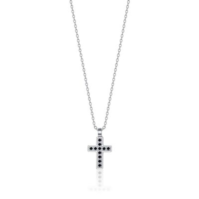 Collier en acier avec croix et cristaux noirs