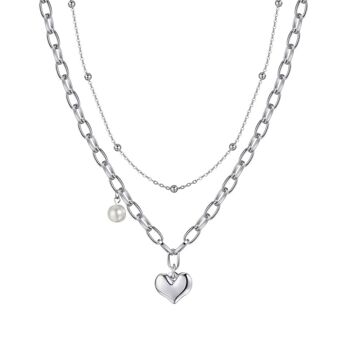 Collier en acier avec coeur et perle