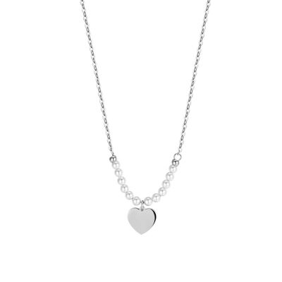 Collier en acier avec coeur et perles blanches