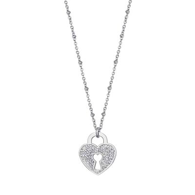 Steel necklace with padlock heart with white crystals