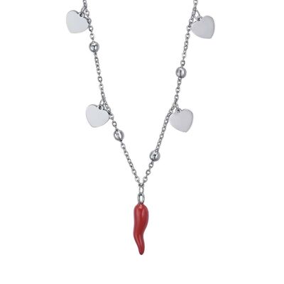 Collana in acciaio con cuori e corno rosso