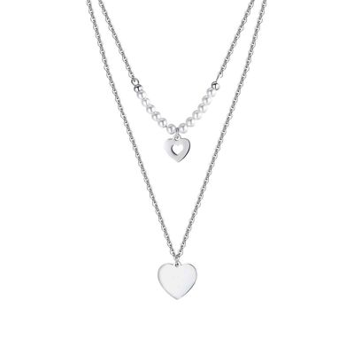 Steel necklace with hearts and white pearls