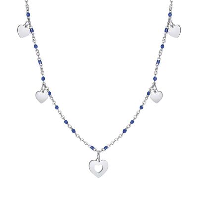 Steel necklace with hearts and blue stones