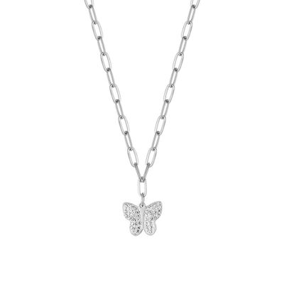 Collier en acier avec papillon et cristaux blancs