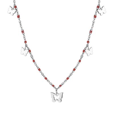 Halskette aus Stahl mit Schmetterlingen und roten Steinen