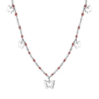 Collier en acier avec papillons et pierres rouges