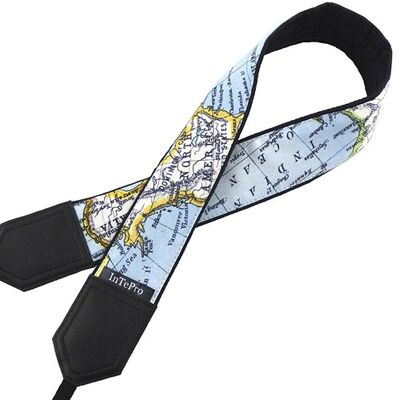 Camera strap with blue World map design