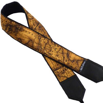 Camera strap with golden brown World map design