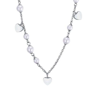 Steel necklace with white pearls and hearts