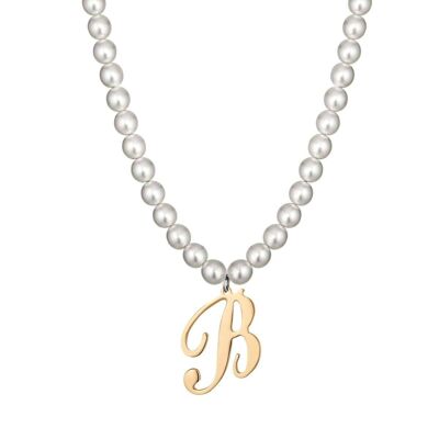 Steel necklace with synthetic pearls and letter b