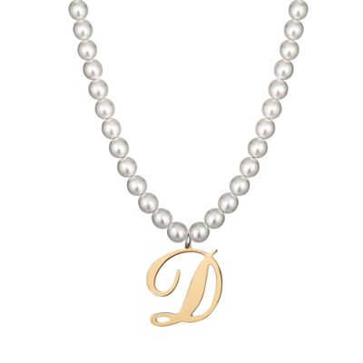 Steel necklace with synthetic pearls and letter d