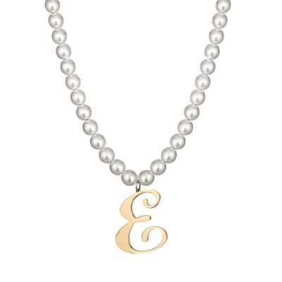 Steel necklace with synthetic pearls and letter e