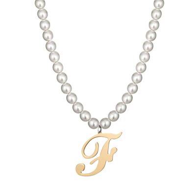 Steel necklace with synthetic pearls and letter f