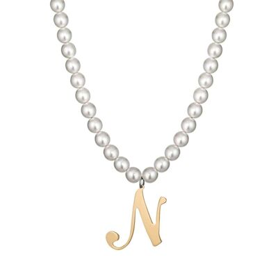 Steel necklace with synthetic pearls and letter n