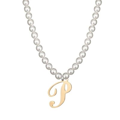 Steel necklace with synthetic pearls and letter p