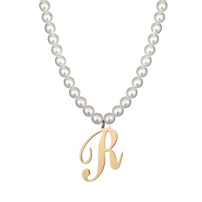 Steel necklace with synthetic pearls and letter r