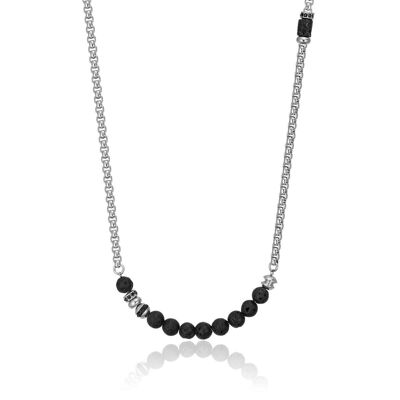 Steel necklace with lava stone and black crystals