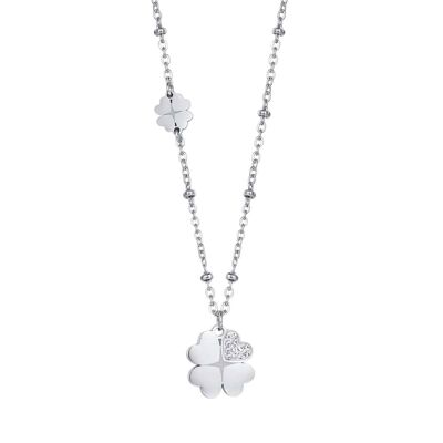 Steel necklace with four-leaf clovers and white crystals