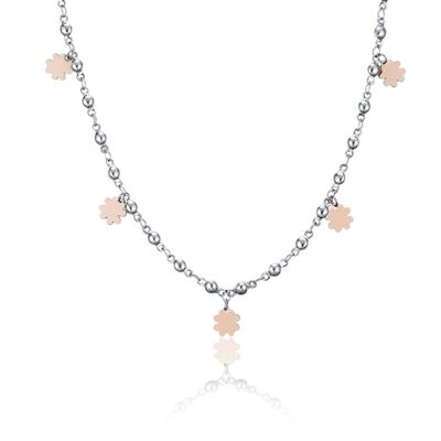 Halskette aus Stahl mit vierblättrigen Kleeblättern in IP-Rosa