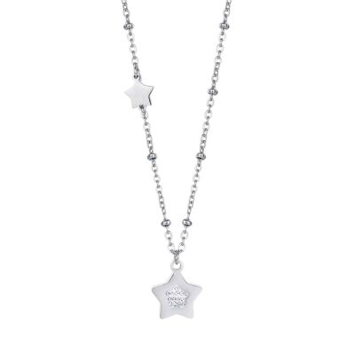 Steel necklace with stars with white crystals
