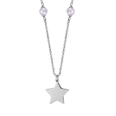 Steel necklace with stars and white pearls