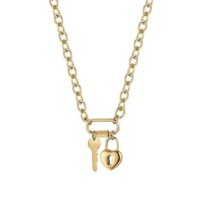 IP gold steel necklace with key and padlock heart
