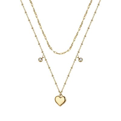 IP gold steel necklace with heart and white crystals