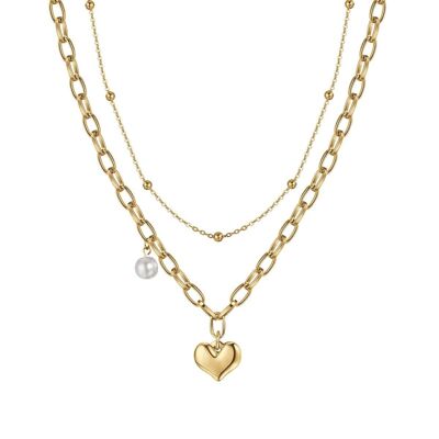 IP gold steel necklace with heart and pearl