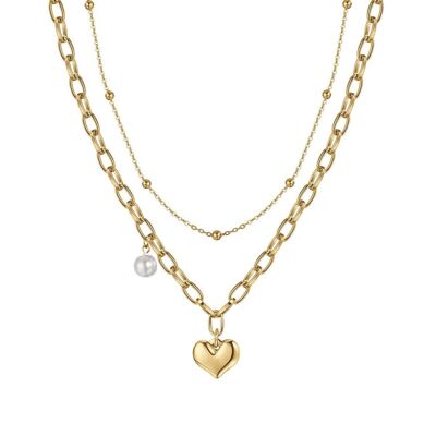 Collar de acero IP dorado con corazón y perla