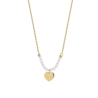 Collar de acero IP dorado con corazón y perlas blancas