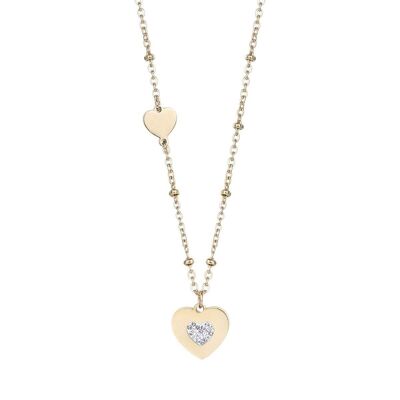 IP gold steel necklace with hearts with white crystals