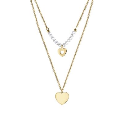 Halskette aus Edelstahl in IP-Gold mit Herzen und weißen Perlen