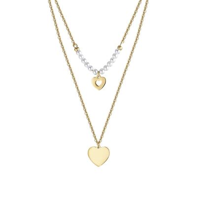 Collar de acero IP dorado con corazones y perlas blancas